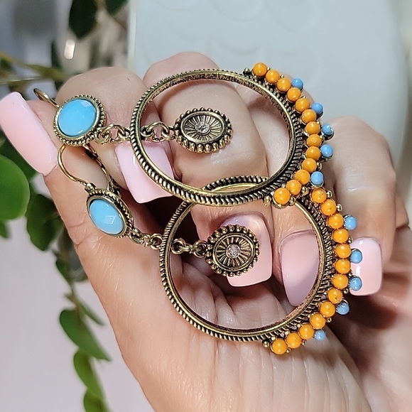 Bohemian Bead Drop Hoop Earrings, turquoise and tangerine - Picture 7 of 7